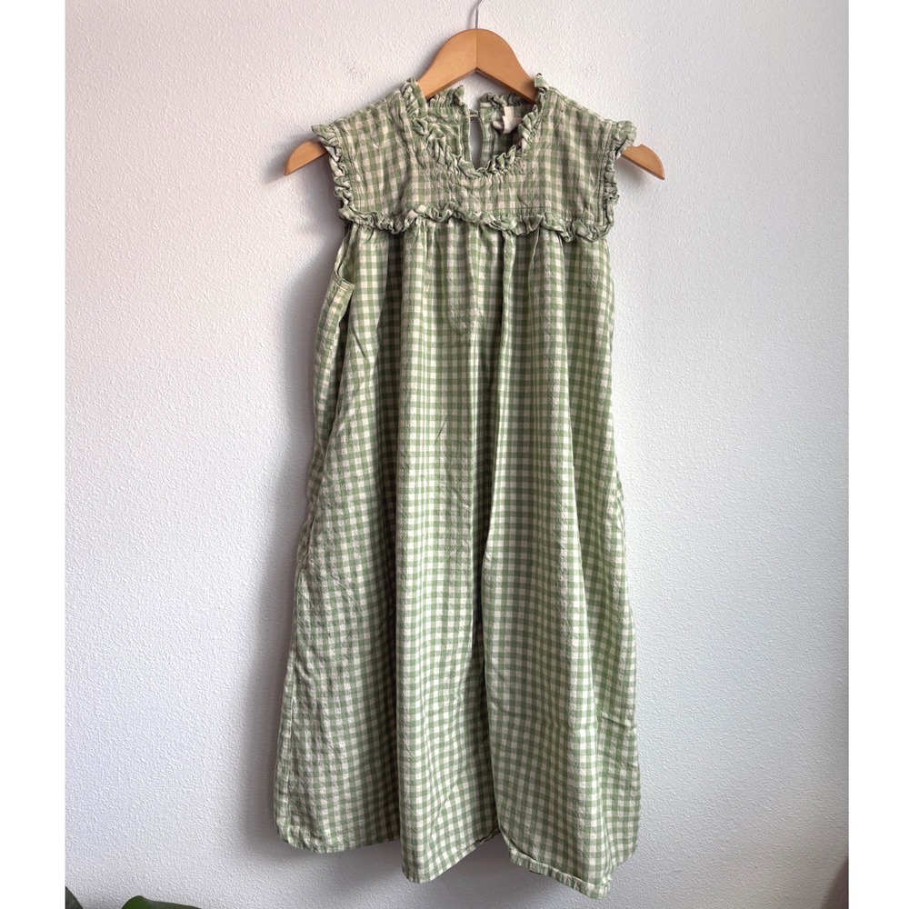 Mata Traders Sage Green Gingham Ruffle Cotton Shift Dress Pockets Womens Medium